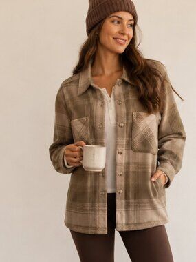 Better Unsaid Plaid Fleece Shacket Jacket Small Brown Neutral Fall Layer